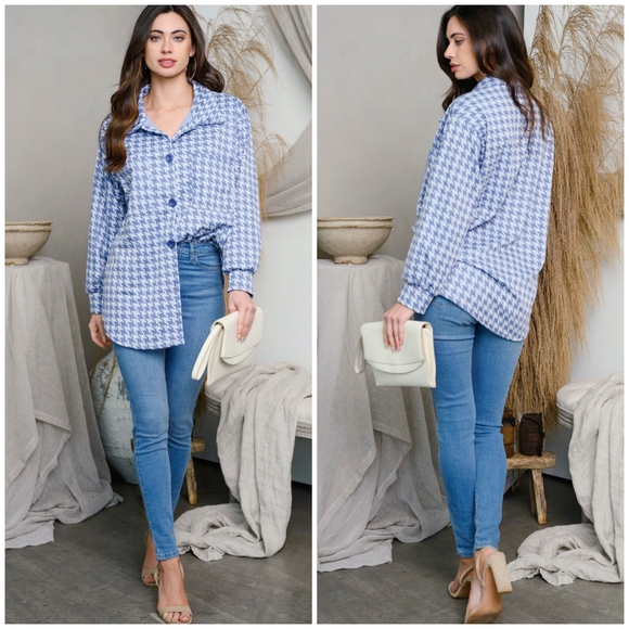 IF SHE LOVES Vintage Retro Chic Blue Houndstooth Oversized Top - Picture 3 of 7